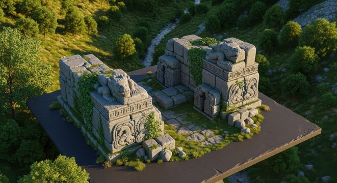 Ancient Stone Ruins Surrounded by Green Forest in Natural Light - Powered by Adobe