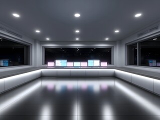 Futuristic control room interior with multiple glowing computer monitors and reflective surfaces