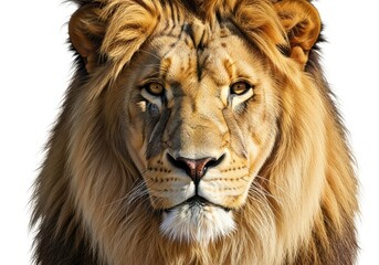 Majestic male lion portrait with intense gaze against white background