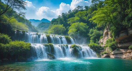 Fototapeta premium Majestic Waterfall Cascading into Serene Blue Lake Surrounded by Lush Greenery Under a Bright Sky