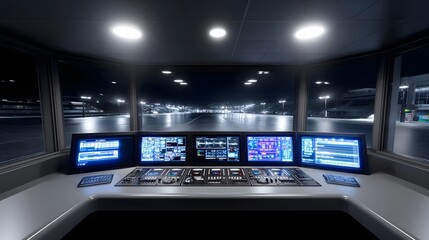 Futuristic control room at night with glowing digital screens and monitors overlooking an illuminated stadium or race track