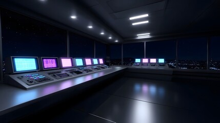 Futuristic control room at night with glowing computer monitors overlooking a city skyline