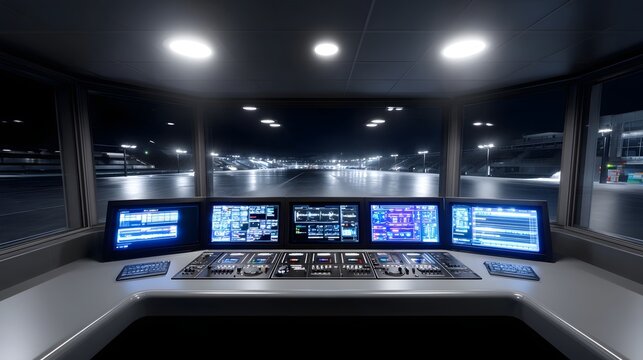 Futuristic control room at night with glowing digital screens and monitors overlooking an illuminated stadium or race track - Powered by Adobe