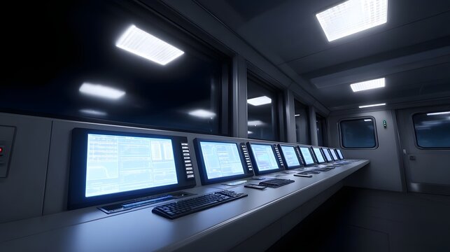 Modern control room interior featuring a long desk with multiple glowing computer monitors displaying data interfaces - Powered by Adobe