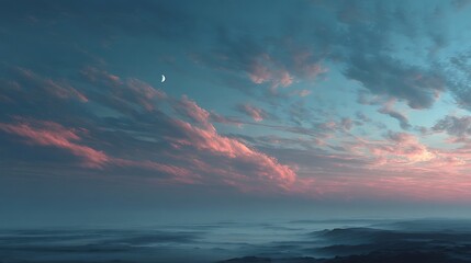 Fototapeta premium Soft pale gradient sky meeting minimal horizon with faint clouds, clean calm composition perfect for backgrounds and presentation templates