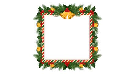 Festive Christmas Border Frame with Green Pine Branches, Red Holly Berries, and Golden Bells for Holiday Season Designs
