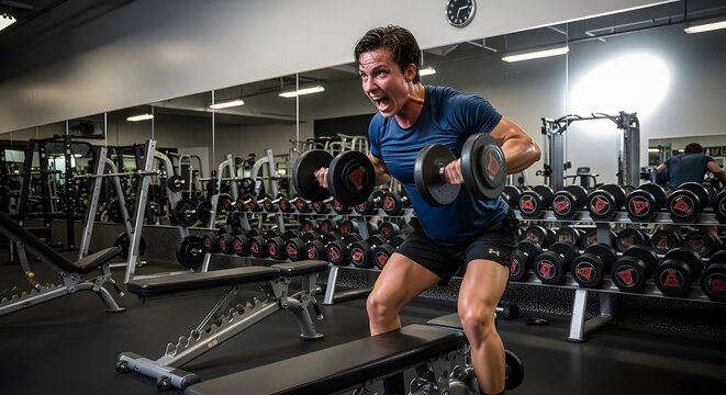 A determined man lifting weights in a modern gym. He's focused on his workout, working hard to achieve his fitness goals