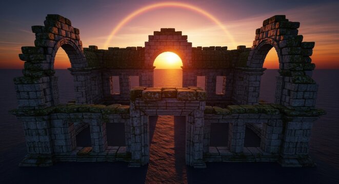 Ancient Stone Ruins with Archways and Sunset Backdrop