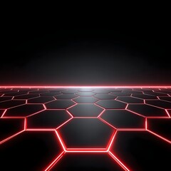 Dark futuristic floor with red neon glowing hexagonal grid pattern towards horizon