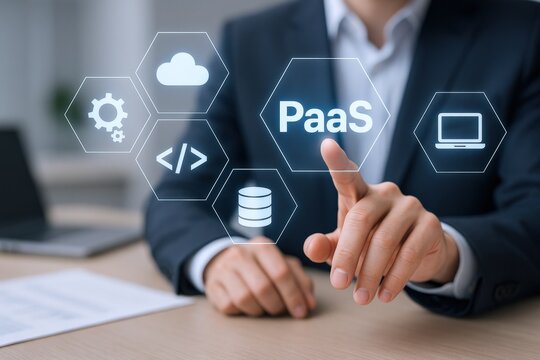 Platform as a Service Concept: Businessman Activating PaaS Technology Solution on Digital Interface, Cloud Computing and Software Development