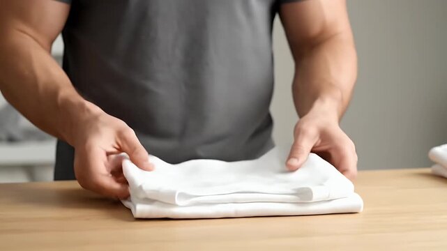 Man folding a white t-shirt on a wooden table for storage.