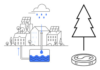 Rain falling on solar-powered buildings, collected in underground system for reuse. Ideal for sustainability, green energy, urban planning, recycling, water management, eco-technology, simple flat