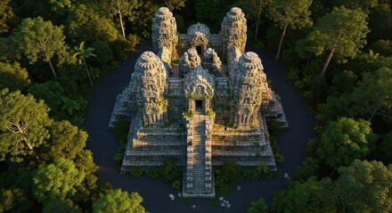 Ancient Stone Temple Surrounded by Lush Green Forest in Aerial View