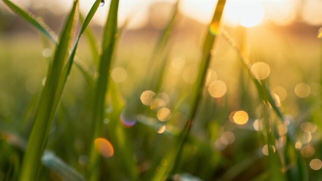 soft morning dew on grass with warm light bokeh, close-up macro, shallow focus