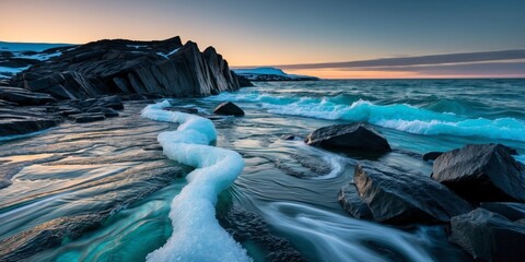 Serene Coastal Landscape with Rock Formations and Gentle Waves Under Vibrant Sunset in a Tranquil Ocean Setting