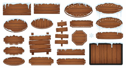 Set of assorted rustic wooden signs and signboards with snow caps and icicles, isolated for winter holiday design © Avra