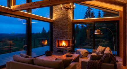 Cozy Interior Architecture A Luxurious Evening with Fireplace and Panoramic Views
