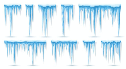 Collection of realistic winter icicles hanging down from the top, perfect for design elements