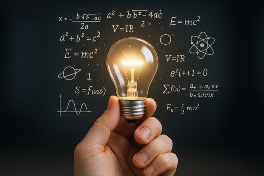 Creative problem-solving concept featuring a bright lightbulb surrounded by mathematical equations illustrating innovation and education