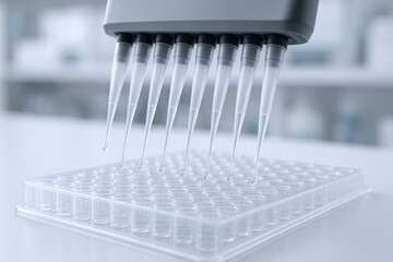 Multi-channel pipette dispensing liquid into a 96 well microplate, used in scientific research and diagnostics