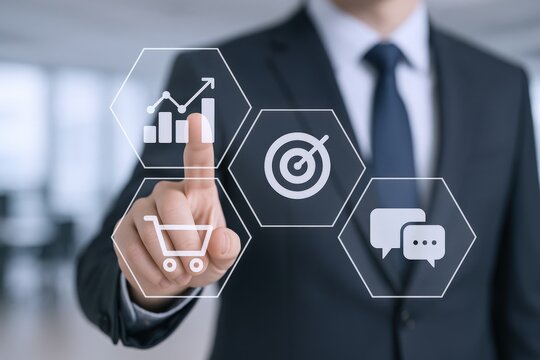 Businessman touching screen with business icons symbolizing strategy, marketing, targets, growth and online communication
