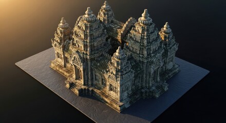 Ancient Temple Model with Intricate Stone Carvings on Light Base in Dramatic Lighting