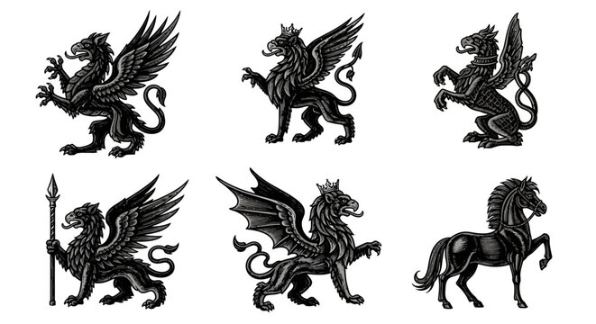 A monochrome collection of classic heraldic creatures including rampant griffins and horses for use in emblems and crests