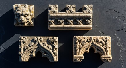 Decorative Stone Architectural Fragments with Intricate Carvings in Neutral Tones