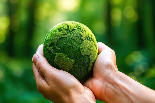 Hands gently cradle a moss-covered Earth, symbolizing sustainability, eco care, conservation, and global environmental awareness—ideal for nature, climate, and green living campaigns.