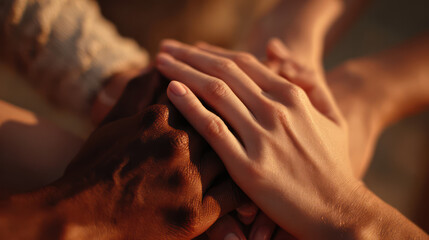 Close up of hands intertwined unity, symbolizing connection, support, and compassion, with warm lighting creating emotional