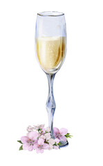 Watercolor glass of champagne with pink peach blossoms on white background, delicate composition suitable for wedding invitations, festive greeting cards and spring designs