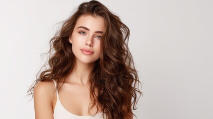 Naklejka premium Portrait of a Beautiful Brunette Woman with Healthy, Voluminous Hair and Fresh, Natural Makeup