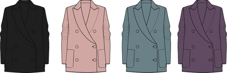 Fashion design concept for a modern double-breasted blazer, illustrated in various colors. Technical flats in black, pink, teal, and purple for apparel creation