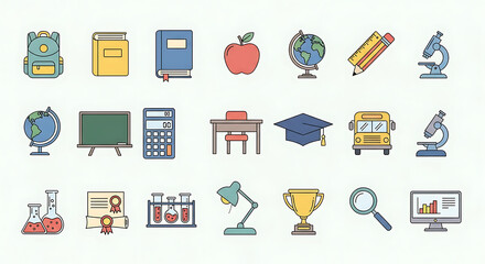 A collection of colorful flat design icons representing various school and education-related items.