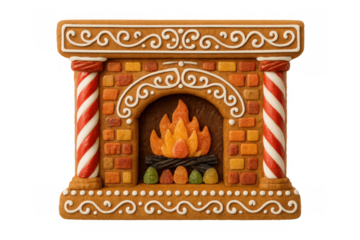 Gingerbread fireplace cookie with icing details and candy flames, symbolizing christmas holiday season on transparent background