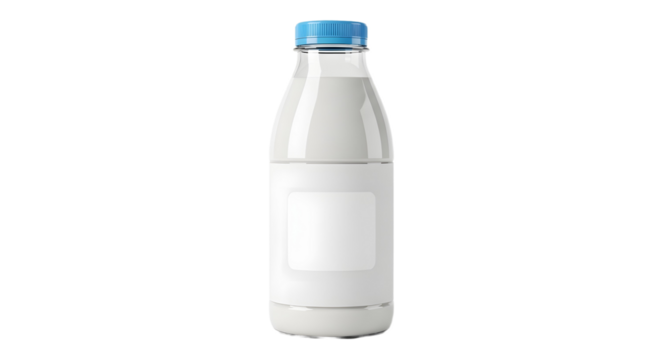 Isolated image of a bottle of milk with a blank label and a blue cap on a black background