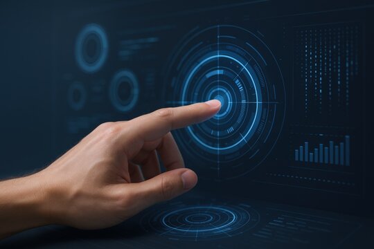 Interactive Digital Interface: Hand Touching a Glowing HUD Element on a Modern Screen