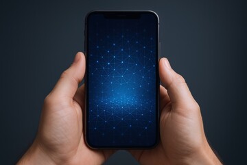 Person Holds Smartphone Displaying a Futuristic Blue Network Over Dark Gray Background - Stock Photo