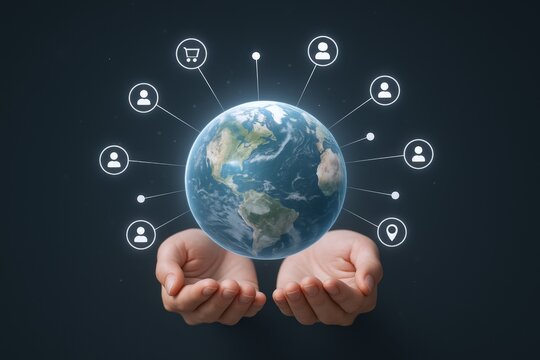 Global Connection Concept: Hands Holding Earth Surrounded by Network Icons, Representing Worldwide Communication and Social Networking - Powered by Adobe