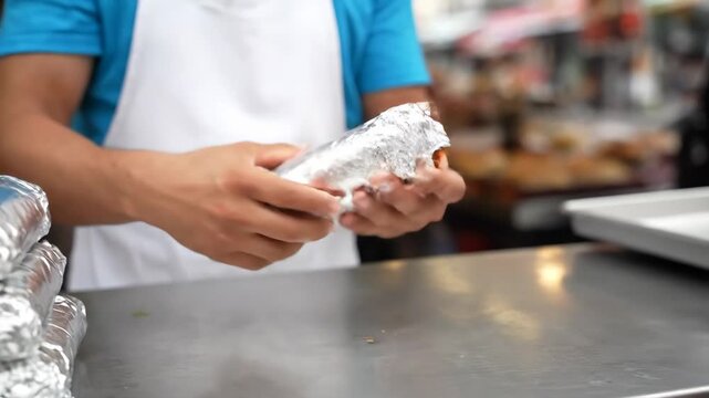 A person carefully wraps a delicious food item in aluminum foil on a stainless steel counter.
