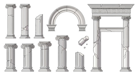 A detailed vector illustration set of ancient architectural ruins, featuring cracked stone pillars, columns, and classic arches