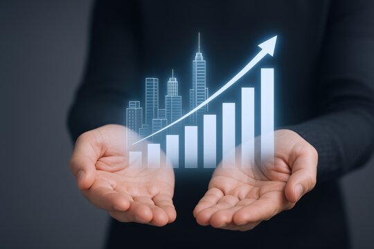 Business Growth Concept: Hands Holding Digital Graph with Upward Arrow and Cityscape Overlay
