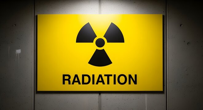 Warning Sign: Caution, Radiation Hazard. A close-up shot of a yellow sign with black radiation symbol and the word RADIATION underneath. The sign indicates a potential danger - Powered by Adobe