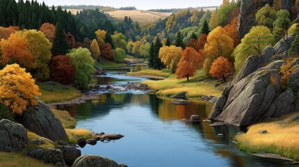 Peaceful view of a grassy lake shore with still waters and no trees