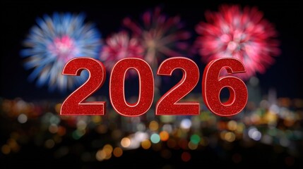 Exciting Fireworks Display Behind 2026 Red Numbers, Celebrating New Year and Future Prospects, Bokeh City Light Background