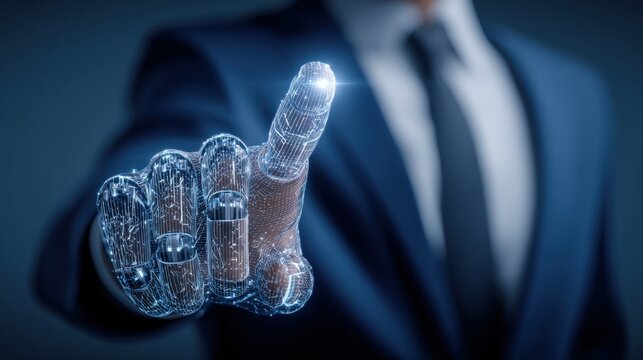 Futuristic Technology Concept: Man in Suit with Digital Hand Touching Virtual Interface Screen