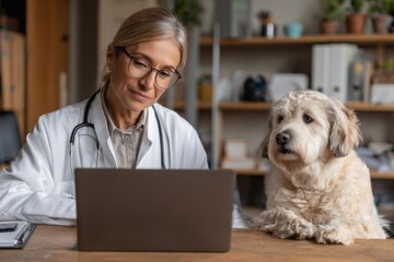 Veterinarian consults online with dog owner, providing virtual care, advice, or telehealth services