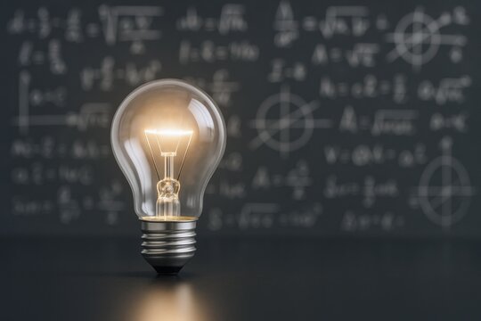 Illuminated Light Bulb Against Blackboard Filled with Complex Math Equations, Symbolizing Ideas and Solutions
