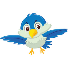 Cute Cartoon Blue Bird With Yellow Beak Open Wings And Light Blue Chest Standing Against White Background