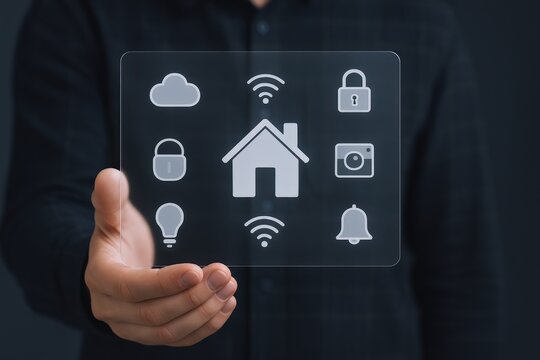 Smart Home Automation Concept: Hand Holding Transparent Screen Interface with Connected Device Icons